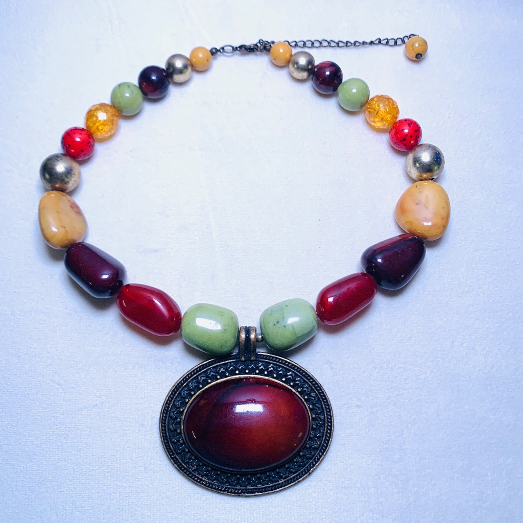 Statement Chunky Burgundy Red Pendant Multicolored Stone Costume Boho Necklace